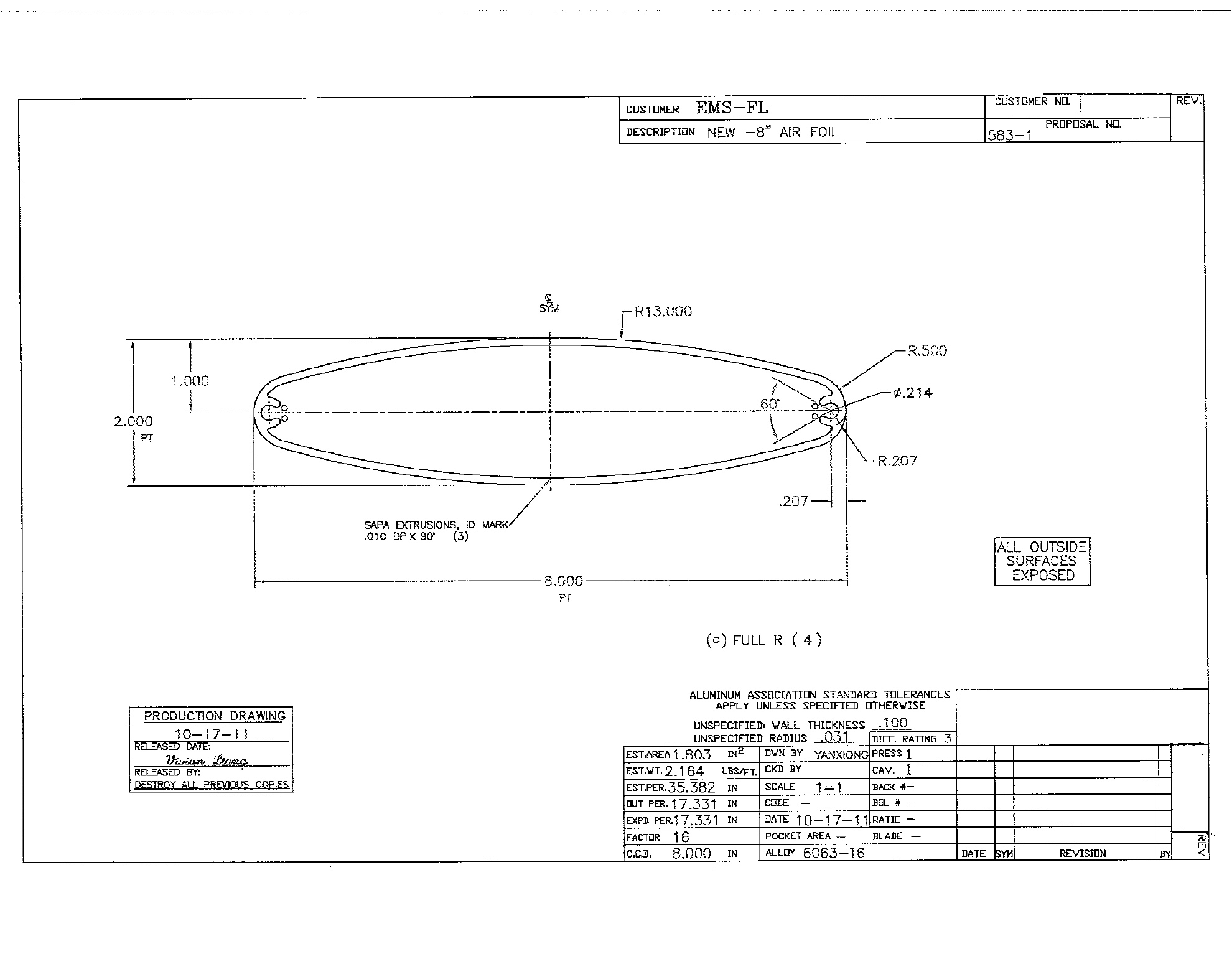 Manufacturer drawing for 8-inch airfoil profile