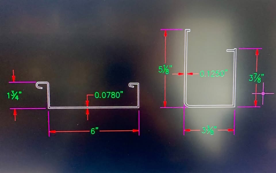 Dimensioned section drawings for aluminum deck and gutter profiles