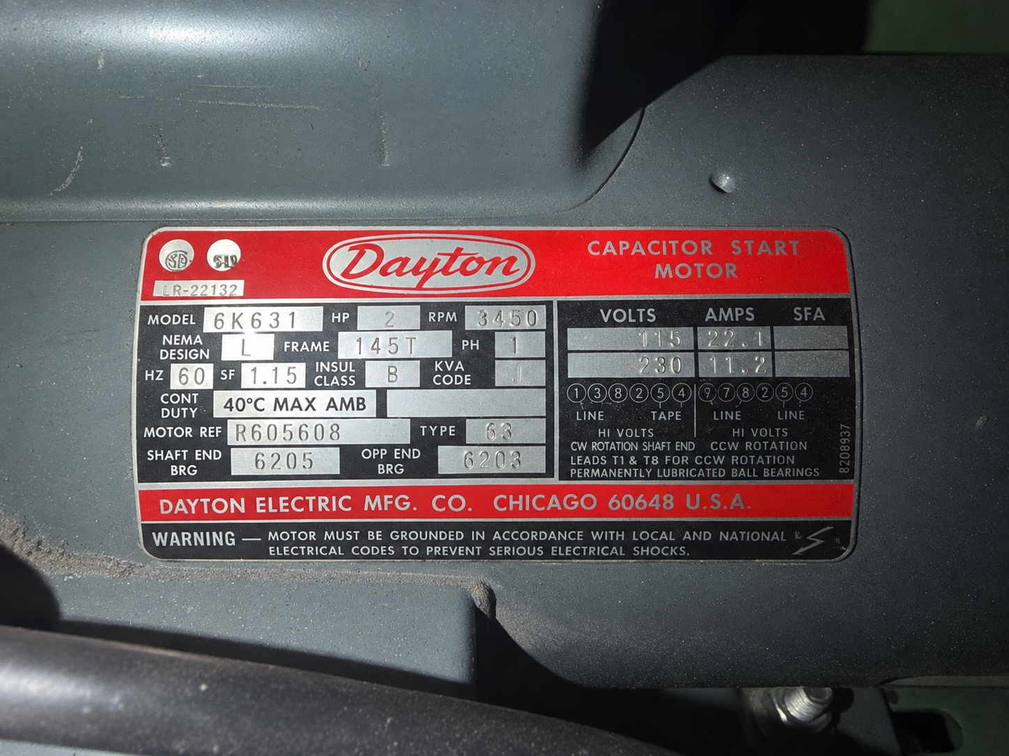 Dayton motor data plate on the Eurosaw bandsaw