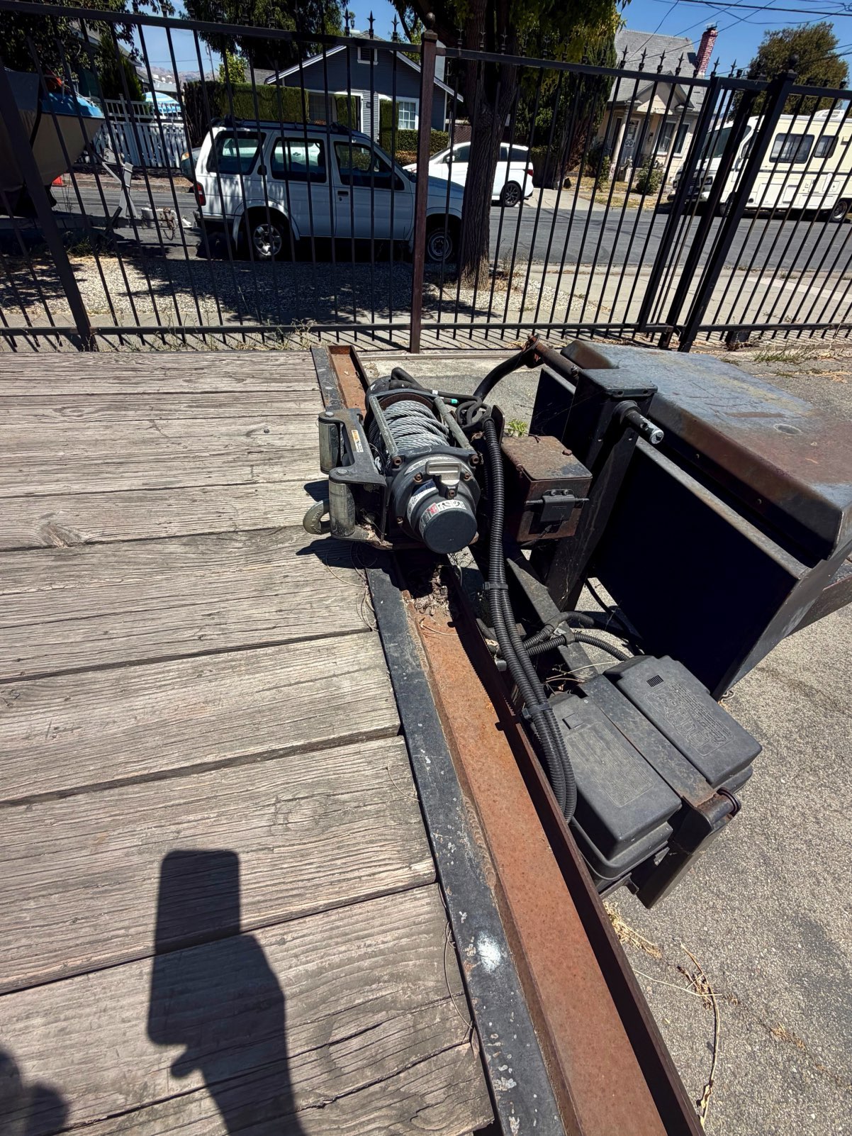 Powered winch, wiring, battery box, and hydraulic equipment area