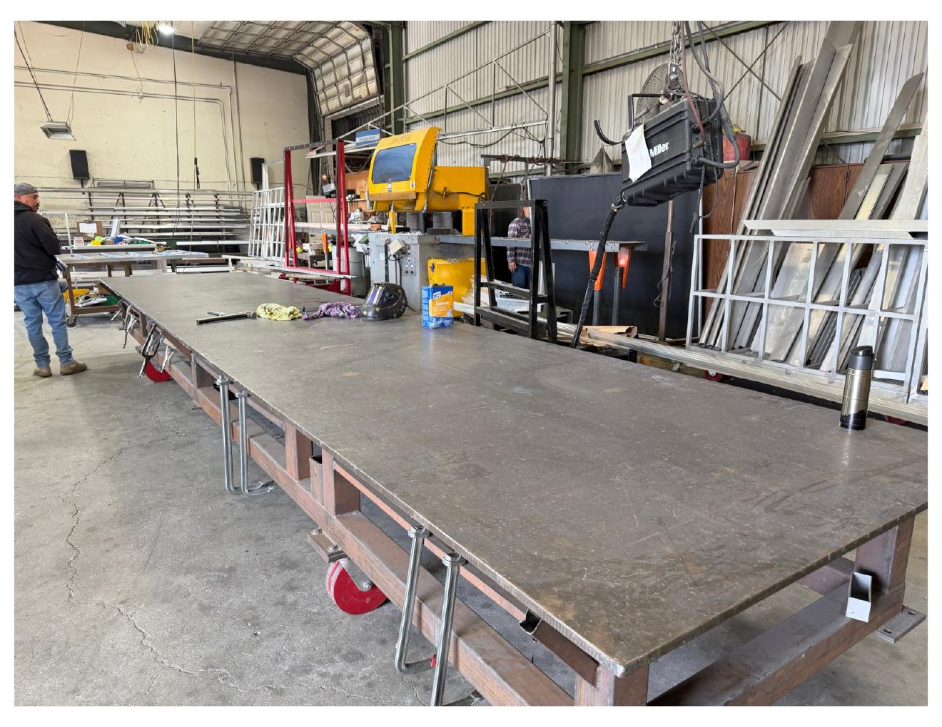 Continuous steel plate work surface on a heavy fabricated frame
